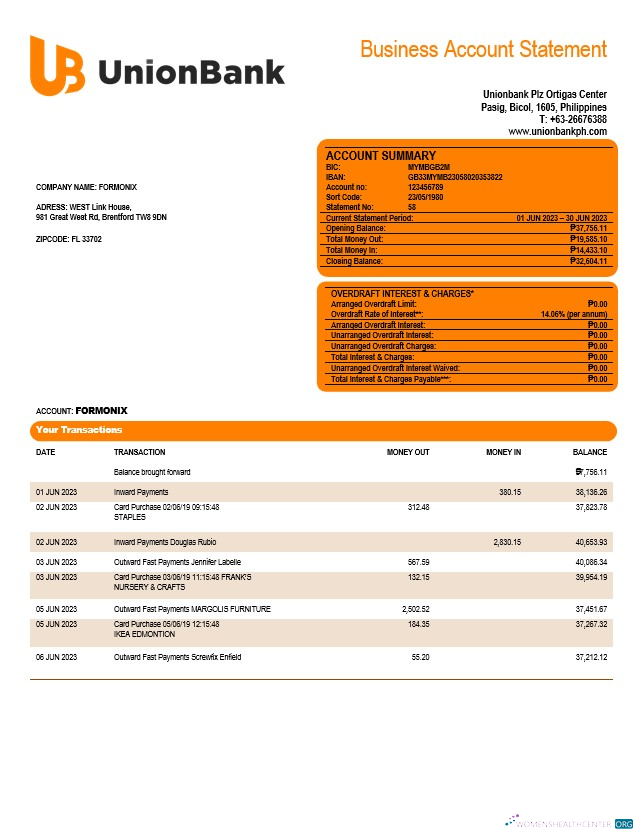 Download Union Bank of the Philippines business statement Word and PDF template Photoshop template